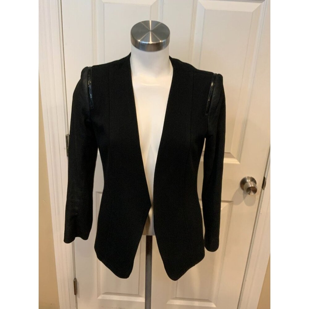 Theory Yaisa Pryor Black Open Front Shoulder Zipper Leather Sleeve Jacket Size S